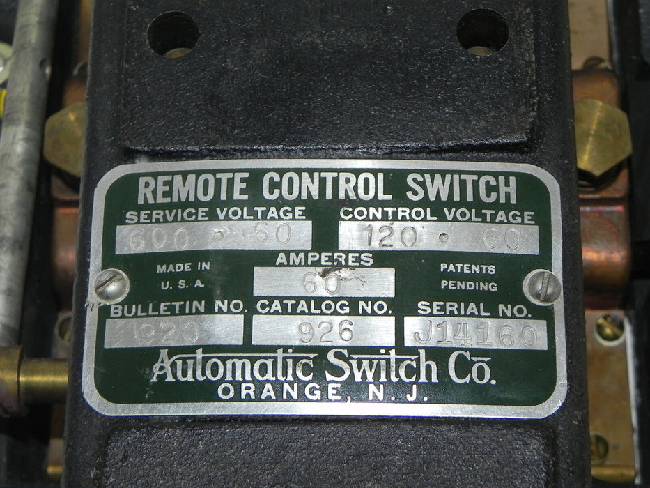 AUTOMATIC SWITCH CO. 920-926 REMOTE CONTROL SWITCH 60AMPS. CATALOG NO. 926