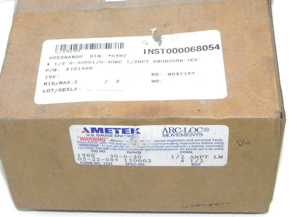 NIB AMETEK 1980 PROCESS GAUGE SPEC NO. 150002, CONN. 1/2 ANPT LM, SIZE: 4-1/2''