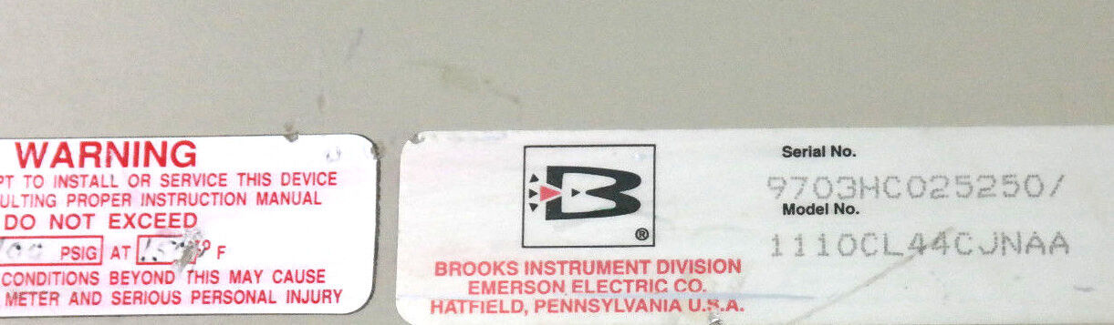 BROOKS INSTRUMENT 1110CL44CJNAA FLOW METER, 9703HC025250, R-10M-25-3