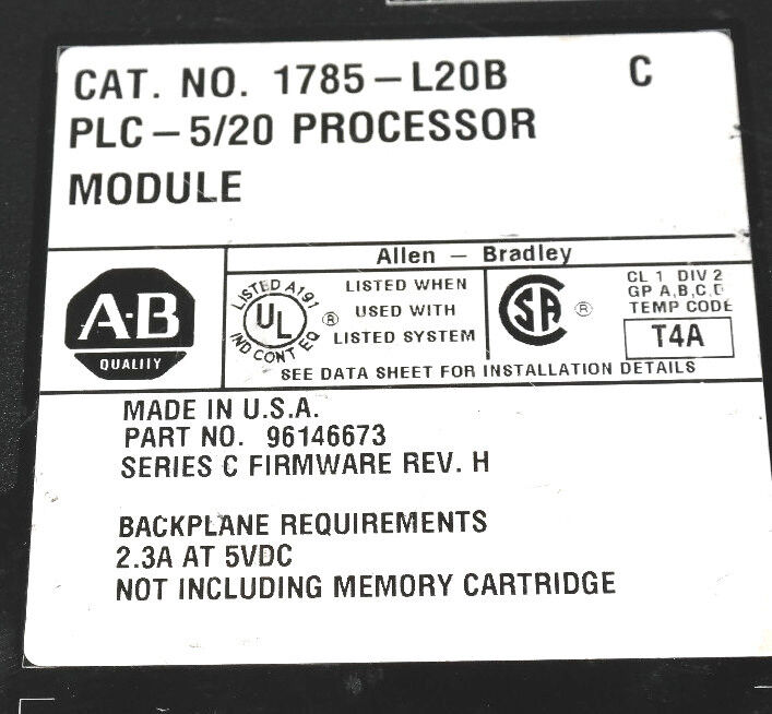 ALLEN BRADLEY 1785-L20B/C PLC-5/20 PROCESSOR MODULE F/W: REV. H 1785-L20B