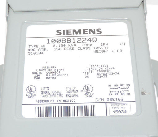 SIEMENS 100BB1224Q BUCK-BOOST TRANSFORMER TYPE: QB, 0.100 KVA, 60HZ, 1PH