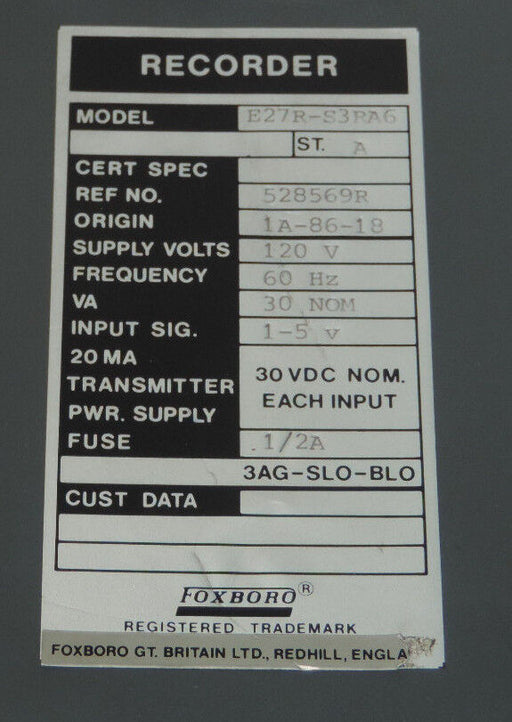 LOT OF 2, FOXBORO E27R-S3RA6 CHART RECORDERS E27RS3RA6