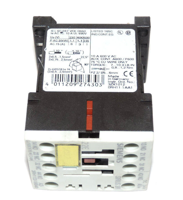 SIEMENS 3RH1122-1BB40 CONTROL RELAY, 2NO 2NC, 24VDC COIL, 3RH11221BB40