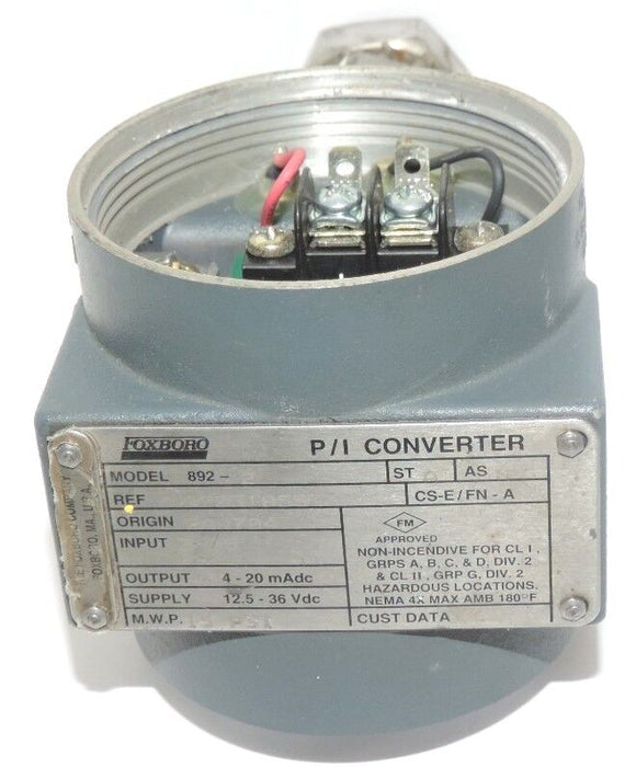 FOXBORO MODEL 892-2 P/I CONVERTER REF. 97031855 ORIGIN 2A9704 INPUT: 3-15 PSI