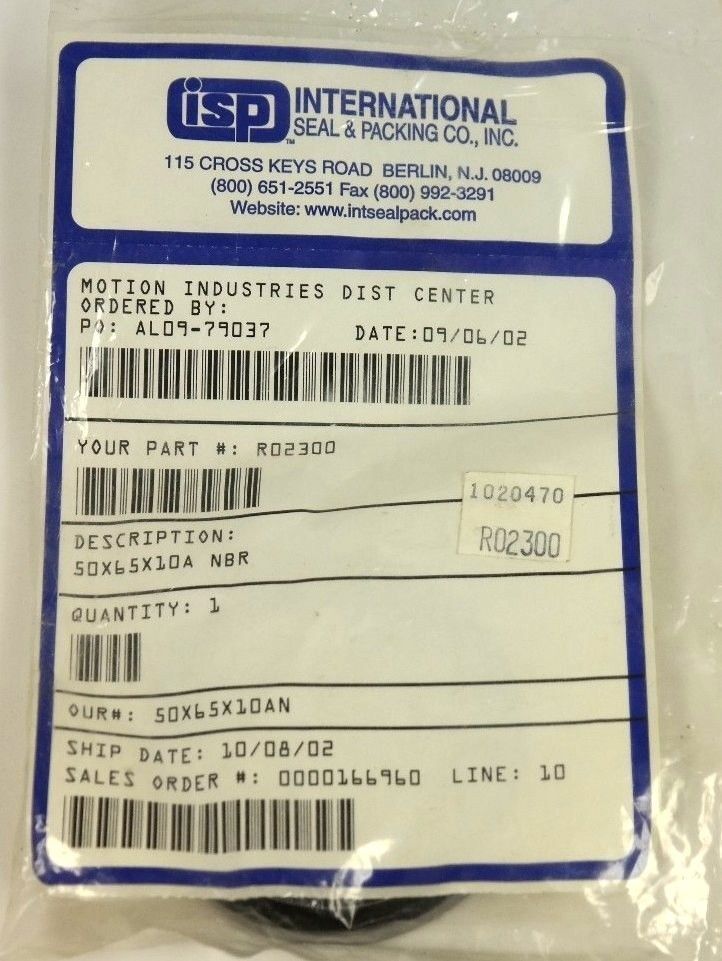 NEW ISP INTERNATIONAL SEAL & PACKAGING 50X65X10A NBR SEAL R02300