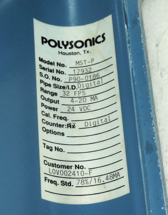 POLYSONICS MASTER SERIES MST-P ULTRASONIC DIGITAL FLOWMETER 24VDC MSTP