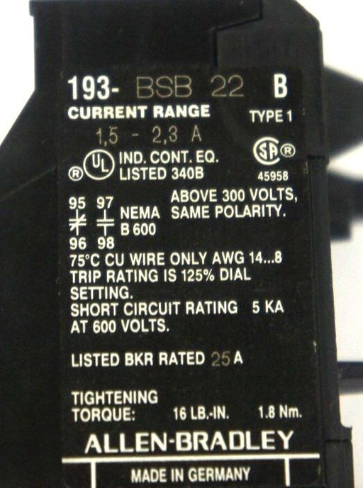 ALLEN BRADLEY 193-BSB22 OVERLOAD RELAY, SER B, 193BSB22