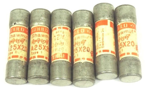 LOT OF 6 GOULD SHAWMUT A25X20 AMP-TRAP FUSES TYPE 1, 20AMP