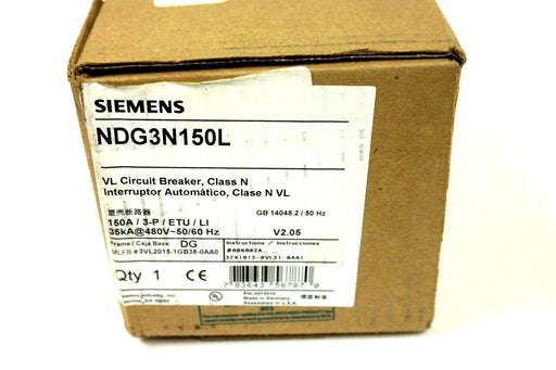 SIEMENS NDG3N150L VL CIRCUIT BREAKER CLASS N 150A 3-P 35kA@480V~50/60HZ NIB