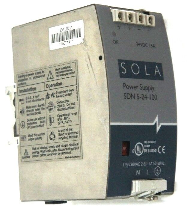 SOLA SDN5-24-100 POWER SUPPLY SDN524100, 115/230 VAC, 2.6-1.4A, 50/60HZ