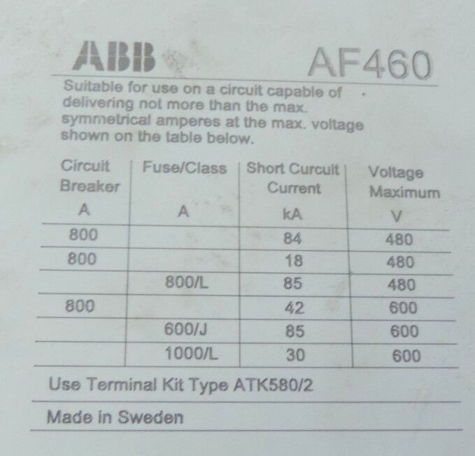 ABB ASEA BROWN BOVERI AF460-30 CONTACTOR 700AMP 3POLE 100-250VDC