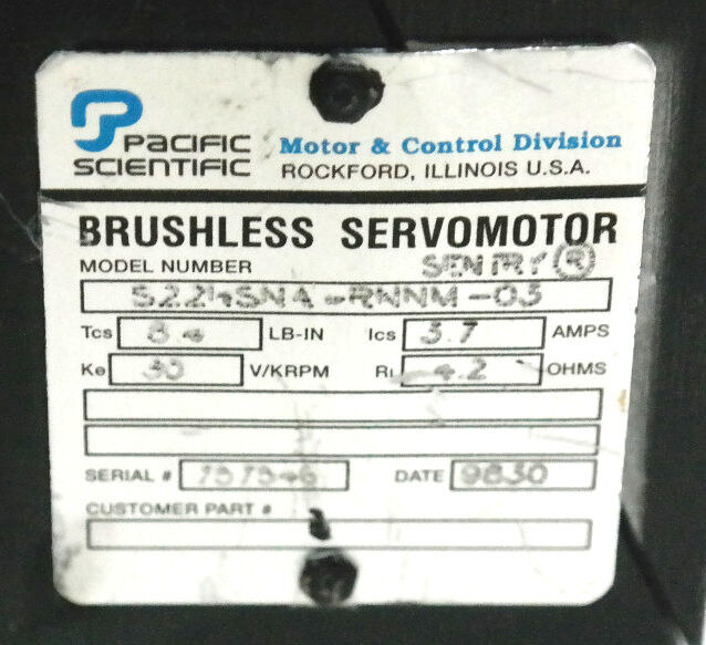 PACIFIC SCIENTIFIC S22HSNA-RNNM-03 BRUSHLESS SERVOMOTOR 3.7A, 4.2OHM 8.4LB-IN