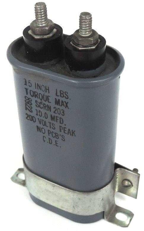 C.D.E CAPACITOR SCRN 203 10.0 MFD 200V 15 INCH LBS. TORQUE MAX SCRN203
