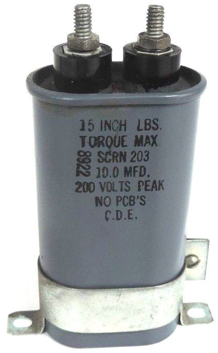 C.D.E CAPACITOR SCRN 203 10.0 MFD 200V 15 INCH LBS. TORQUE MAX SCRN203