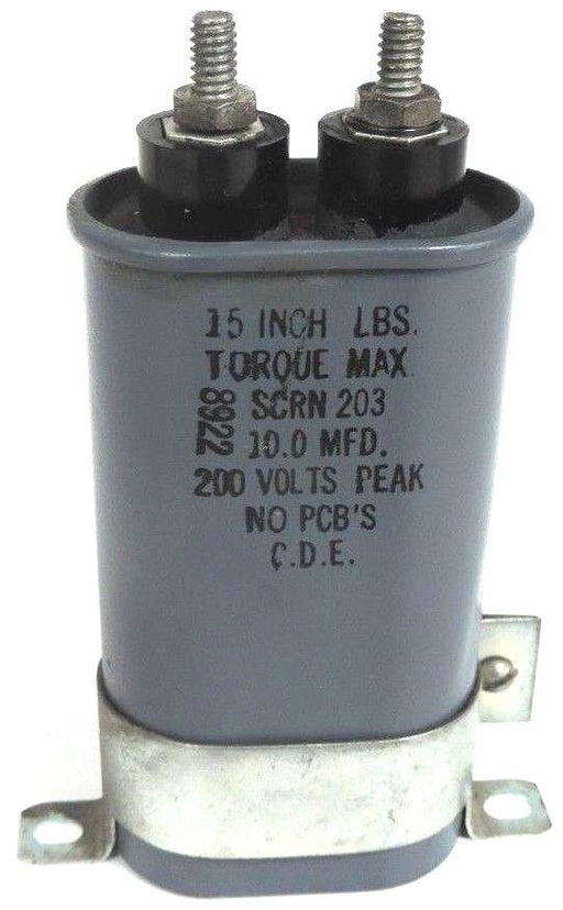 C.D.E CAPACITOR SCRN 203 10.0 MFD 200V 15 INCH LBS. TORQUE MAX SCRN203