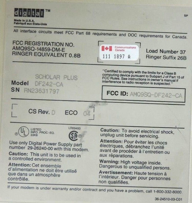 DEC DIGITAL EQUIPMENT CORPORATION SCHOLAR PLUS DF242-CA MODEM