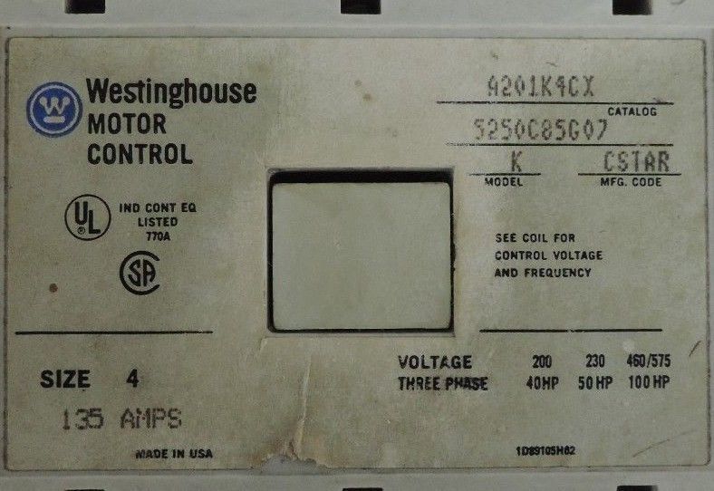 WESTINGHOUSE A201K4CX STARTER SIZE 4 MODEL K MFG CODE CSTAR 135AMP