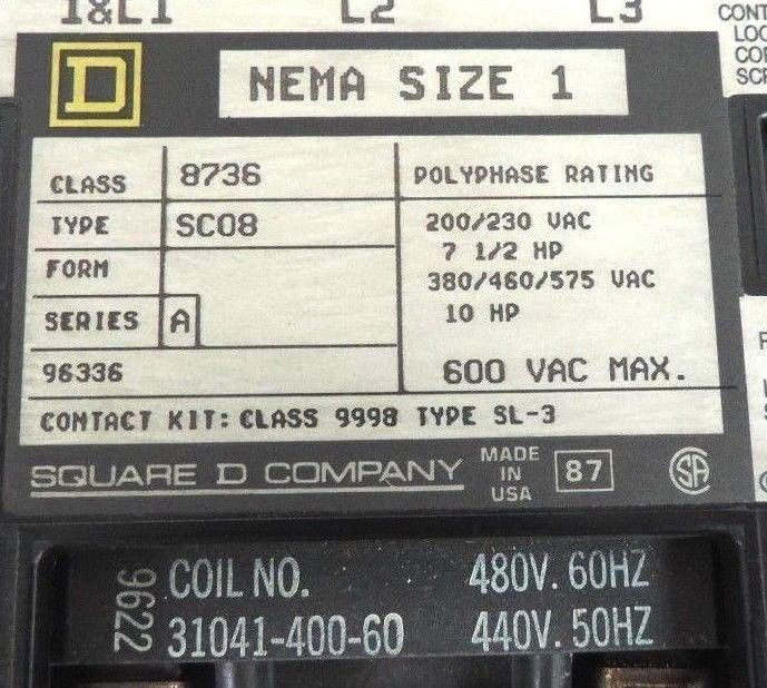 NIB SQUARE D 8736 SC08V06 REVERSING MAGNETIC STARTER NEMA SIZE 1 600VAC 3PH 3P