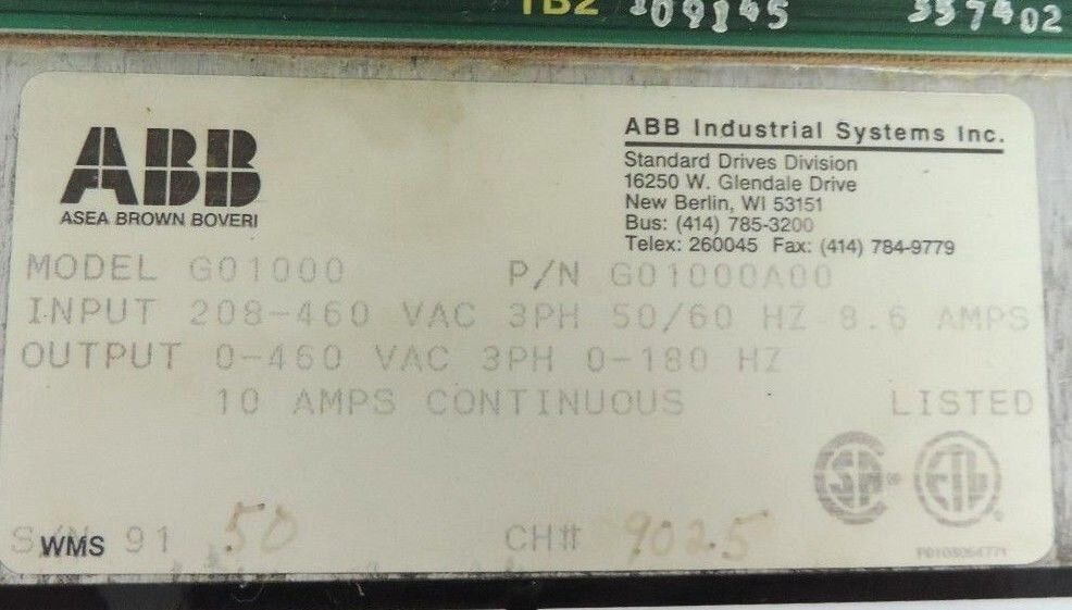 ABB ASEA BROWN BOVERI SPEED CONTROL DRIVE 10A 10 AMP MOD: G01000, P/N: G01000A00