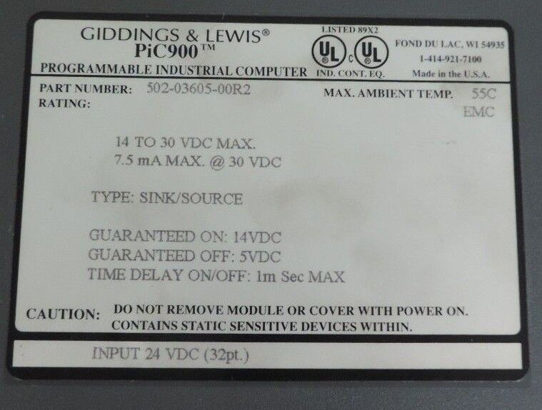 GIDDINGS & LEWIS 502-03605-00R2 INPUT MODULE PIC900 14-30VDC 5020360500R2