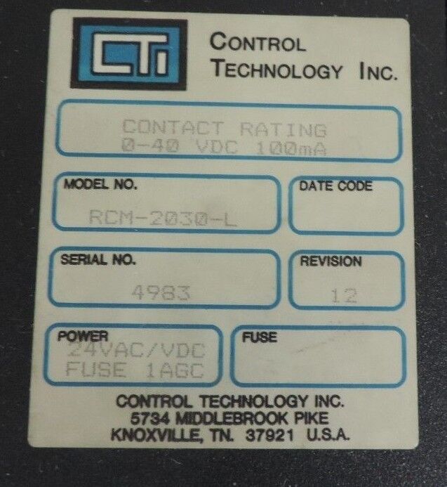 CONTROL TECHNOLOGY RCM-2030-L OUTPUT MODULE REVISION 12 RCM2030L