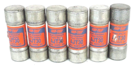 LOT OF 6 COOPER BUSSMANN FRS-350 AMP-TRAP FUSES FRS350, 30A, 600V AC