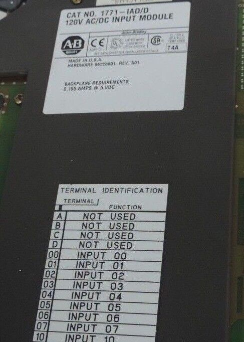 ALLEN BRADLEY 1771-IAD/D INPUT MODULE 1771IADD, REV. A01 HARDWARE 96220601