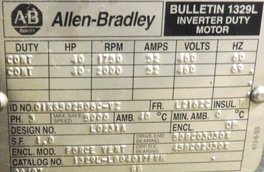 ALLEN BRADLEY 1329L-LB0401017FVH BULLETIN INVERTER DUTY MOTOR *REPAIRED*