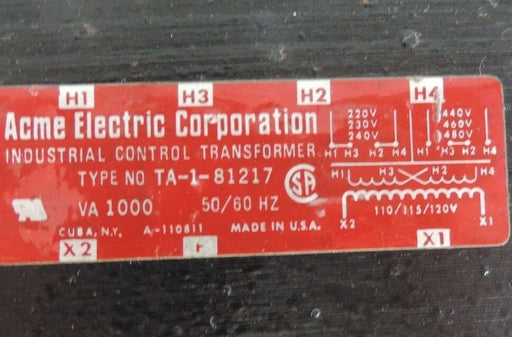 ACME TYPE: TA-1-81217 INDUSTRIAL CONTROL TRANSFORMER VA 1000