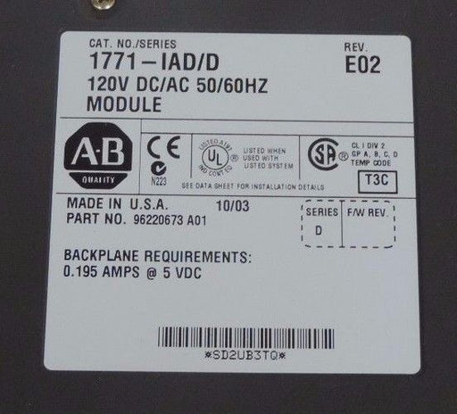 ALLEN BRADLEY 1771-IAD/D INPUT MODULE REV. E02 P/N 96220673 A01