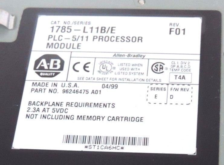 ALLEN BRADLEY 1785-L11B/E PROCESSOR MODULE 1785L11BE SER. E F/W REV. D