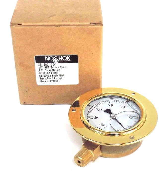 NIB NOSHOK 25-300-30V 2.5'' BRASS GAUGE 1/4'' NPT BOTTOM CONN., 2530030V