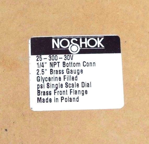 NIB NOSHOK 25-300-30V 2.5'' BRASS GAUGE 1/4'' NPT BOTTOM CONN., 2530030V