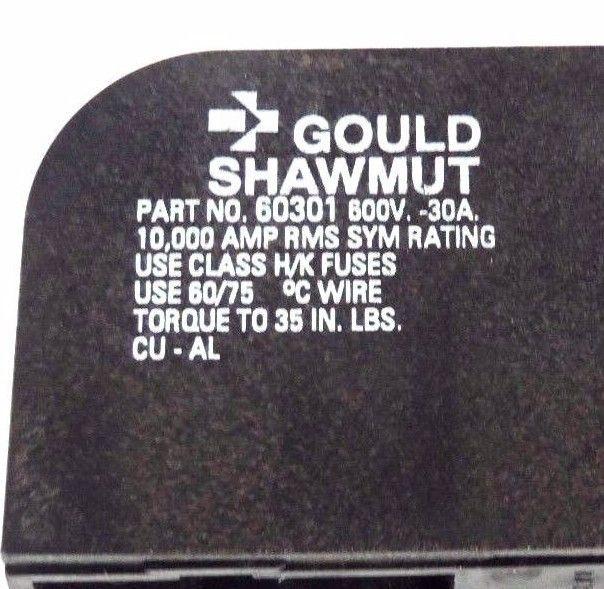 LOT OF 2 GOULD SHAWMUT 60301 FUSE HOLDERS 600V 30A H/K FUSES