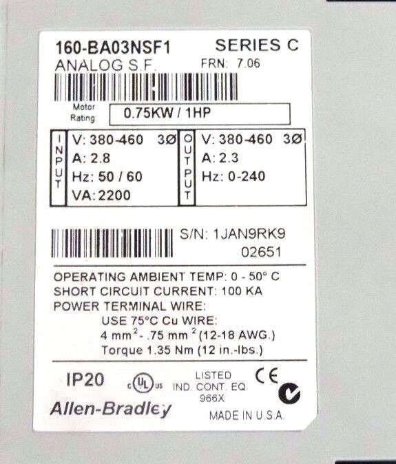 ALLEN BRADLEY 160-BA03NSF1 SER. C SPEED CONTROLLER 0.75KW/1HP, FRN: 7.06