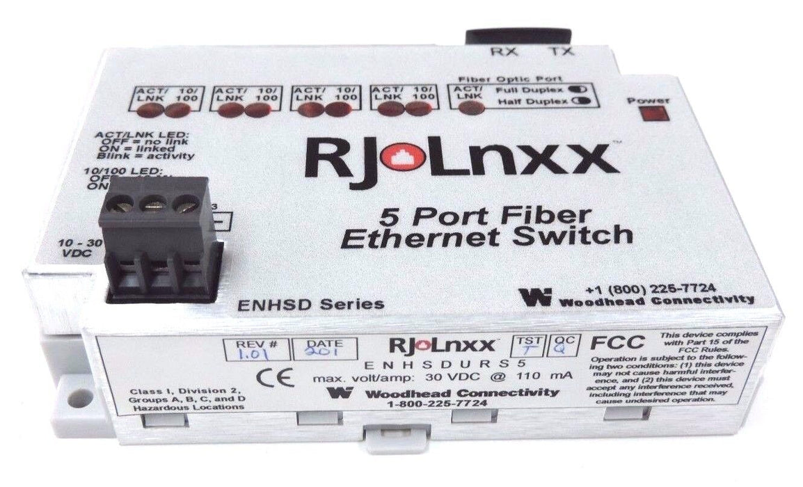 NIB WOODHEAD RJ LNXX ENHSDUR-S5 5 PORT ETHERNET SWITCH REV. 1.01 W/ SOFTWARE