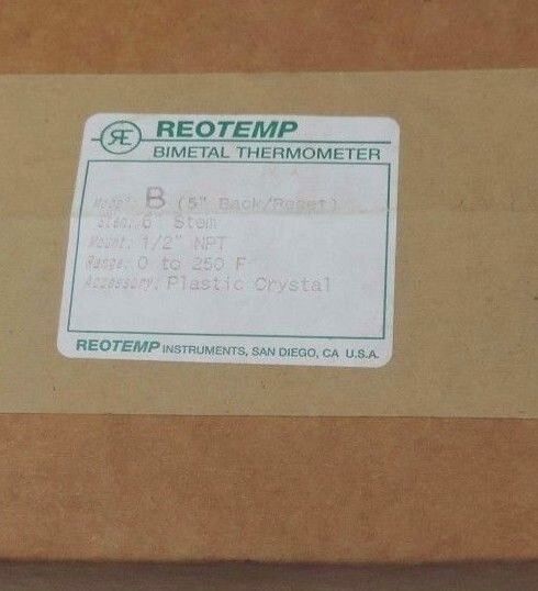 NIB REOTEMP MODEL B BIMETAL THERMOMETER (5" BACK/RESTET) RANGE: 0-250F STEM: 6''
