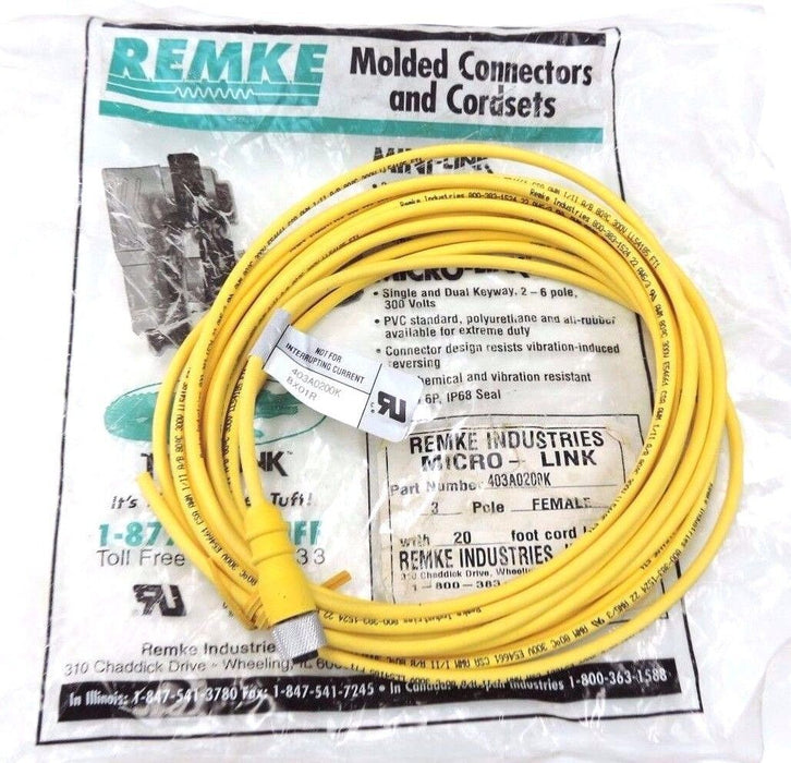 NEW REMKE 403A0200K MICRO-LINK 3 POLE FEMALE W/ 20' CORD