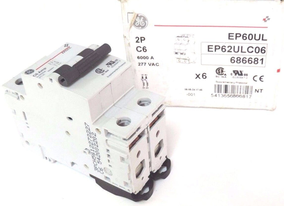 BOX OF 6 NEW GENERAL ELECTRIC EP62ULC06 CIRCUIT BREAKERS EP62UL, 2-POLE, 277VAC