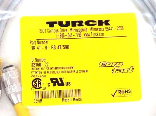 NIB TURCK RK 4T-8-RS 4T/S90 EUROFAST CORDSET U2160-22, RK4T8RS4TS90