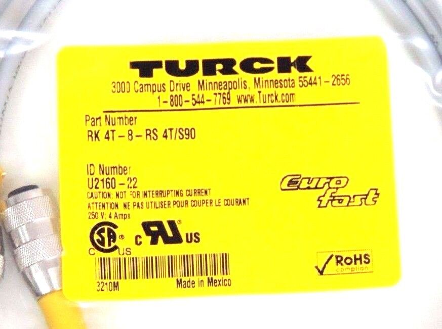 NIB TURCK RK 4T-8-RS 4T/S90 EUROFAST CORDSET U2160-22, RK4T8RS4TS90
