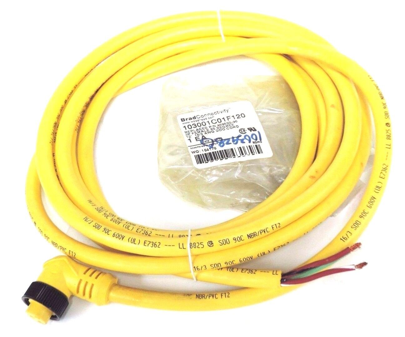 NEW BRAD HARRISON 103001C01F120 CORDSET 3P, FEMALE, 90 DEG. 12'