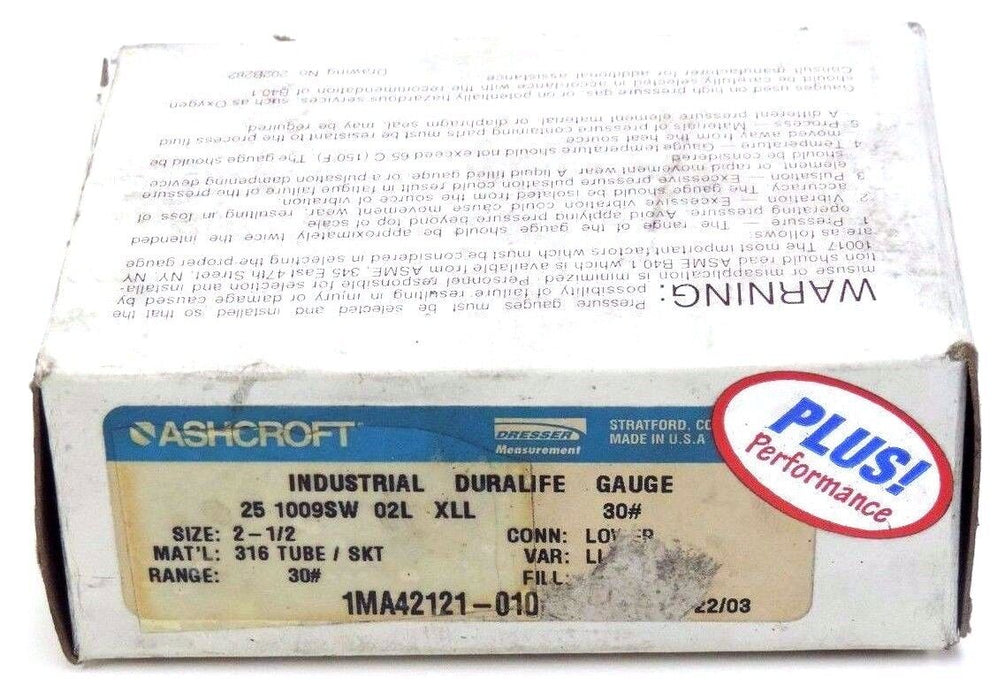 NIB ASHCROFT 1MA42121-010 DURALIFE GAUGE 2-1/2'', 25 1009SW 02L XLL, 1MA42121010