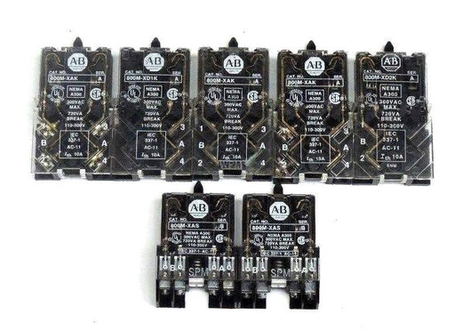 LOT OF 7 ALLEN BRADLEY CONTACT BLOCKS 800M-XD2K, 800M-XD1K, 800M-XAS