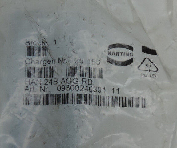 NIB HARTING HAN 24B-AGG-RB BULKHEAD CONNECTOR FEMALE MOUNT 09300240301 11