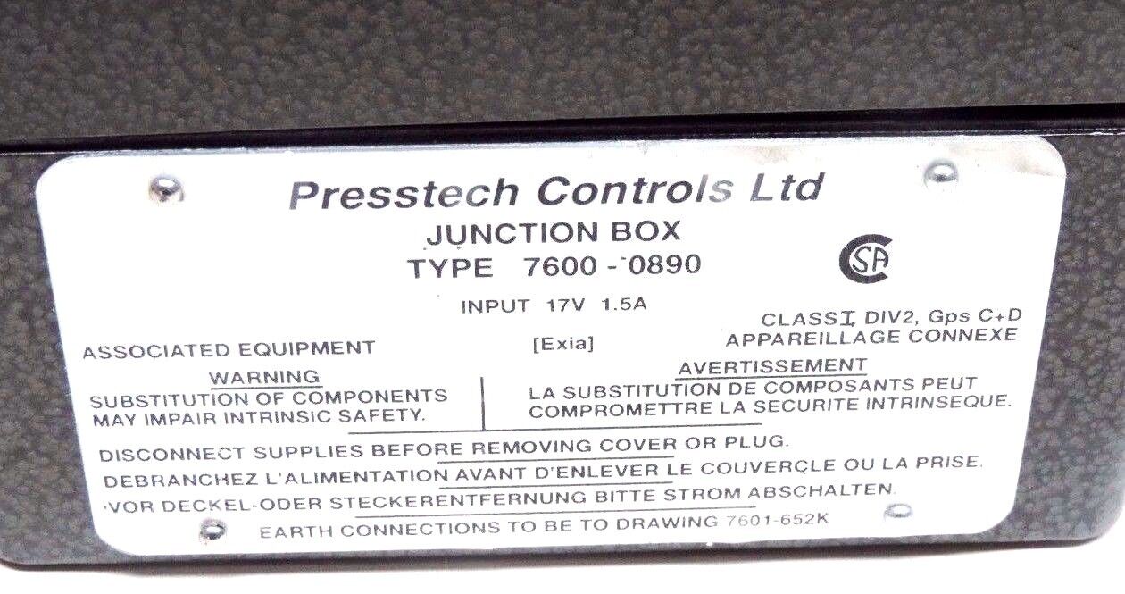 NEW PRESSTECH CONTROLS LTD 7600-0890-05B CONTROLLER W/ 7600-0890 JUNCTION BOX