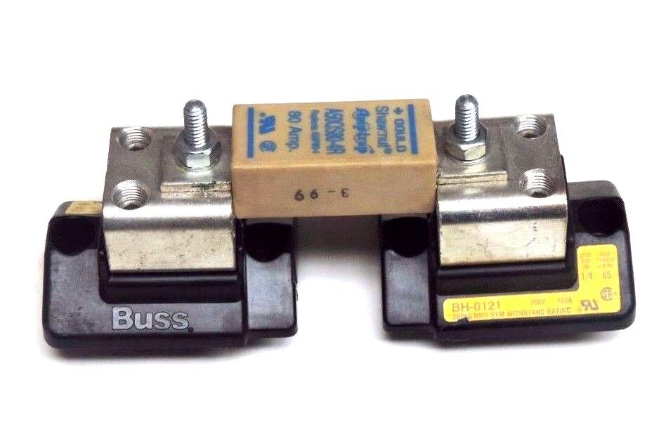 GOULD SHAWMUT A50QS80-4R AMPTRAP FUSE W/ (2) BUSSMANN BH-0121 MODULAR FUSEBLOCKS