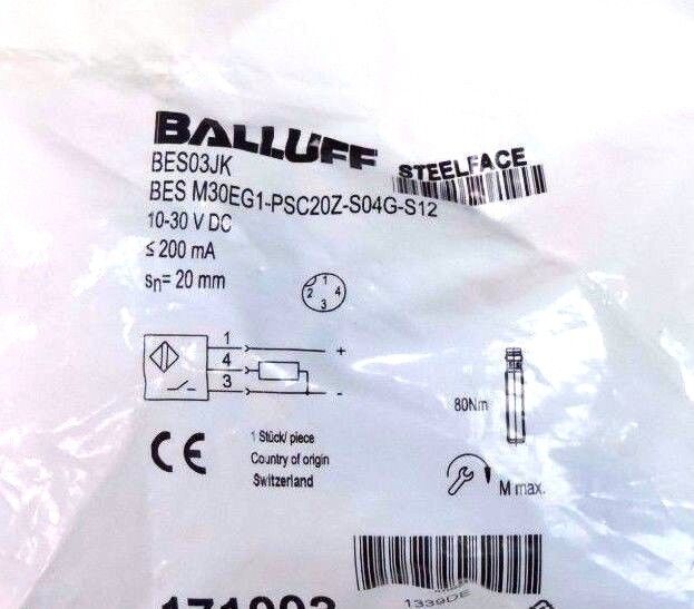 NIB BALLUFF BES M30EG1-PSC20Z-S04G-S12 INDUCTIVE SENSOR 10/30VDC, 20MM, BES03JK