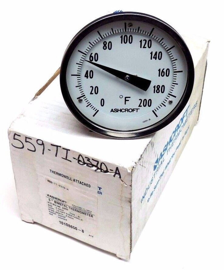 NIB ASHCROFT 559-TI-0370-A 5" BIMETAL THERMOMETER, 50-EI-60-E-040, 0-200 DEG F