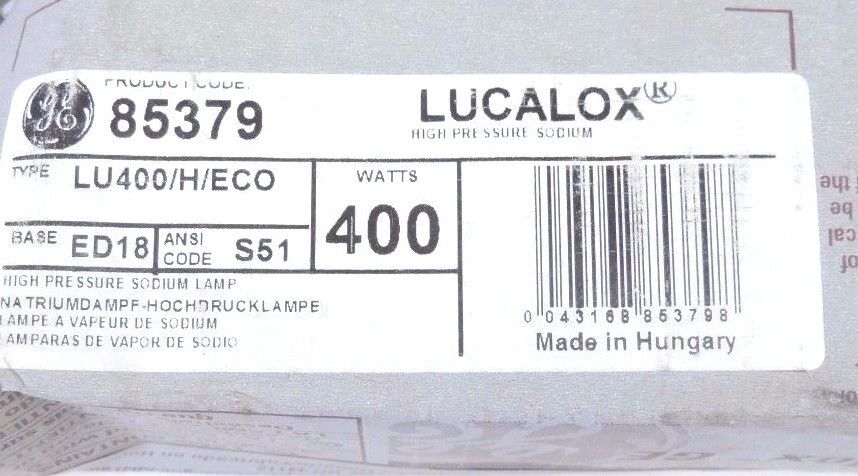 LOT OF 2 NEW GE LUCALOX 85379 HIGH PRESSURE SODIUM LAMPS 400WATT LU400/ECO